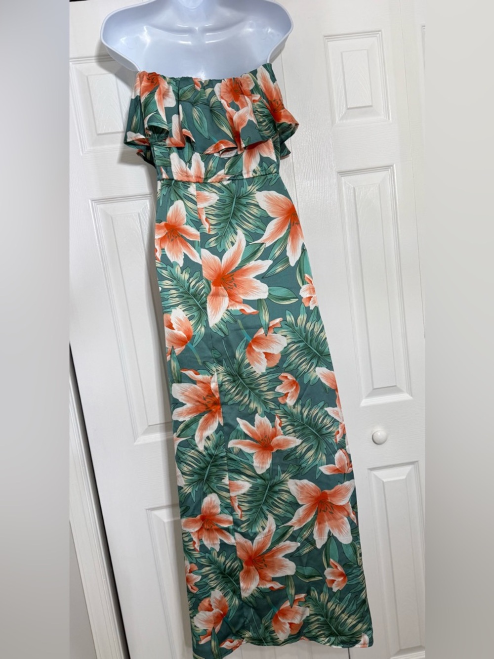 Tropical Floral Strapless Maxi Dress Green Orange Boho Beach Resort Size Sm EUC - Picture 6 of 8